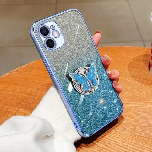 Funda para Teléfono TPU iPhone 12 Mini Soporte Mariposa Brillo Degradado (Azul Sierra)