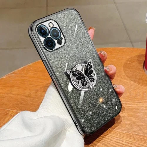 Funda para Teléfono TPU iPhone 12 Pro Soporte Mariposa Brillo Degradado (Negro)