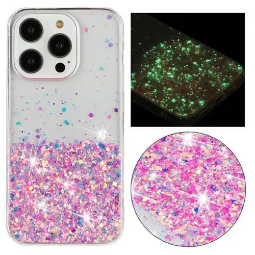 Funda para Teléfono TPU iPhone 13 Pro Max con Polvo de Brillo Noctilucente y Marco Transparente (Rosa)