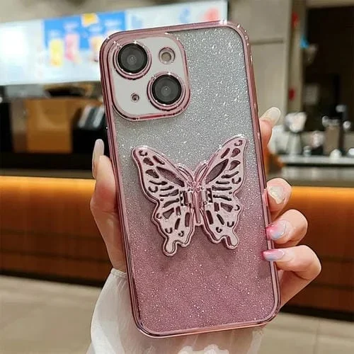 Funda para Teléfono TPU iPhone 15 Diseño Mariposa 3D Purpurina Galvanizada (Rosa Degradado)