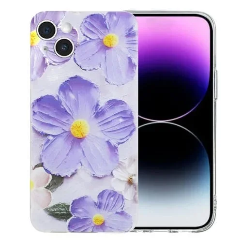 Funda para Teléfono TPU iPhone 15 Plus con Patrón de Pintura Colorida (Flores Moradas)