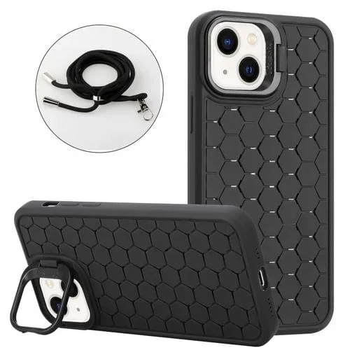 Funda para Teléfono TPU iPhone 15 Soporte Radiante Panal con Cordón (Negro)