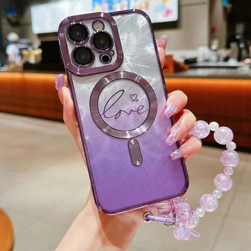 Funda para Teléfono TPU Magsafe iPhone 16 Pro Max Diseño Plumas Purpurina (Morado)