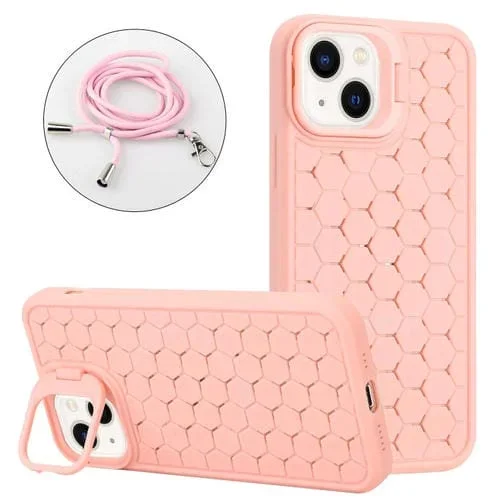 Funda para Teléfono TPU para iPhone 13 con Soporte Radiante de Panal y Cordón (Rosa)