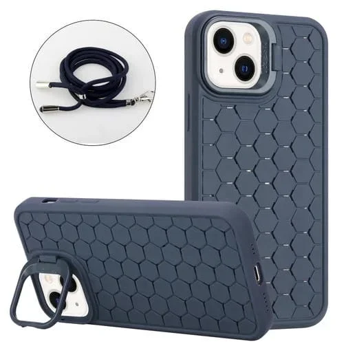 Funda para Teléfono TPU para iPhone 15 con Soporte Radiante en Forma de Panal con Cordón (Azul)