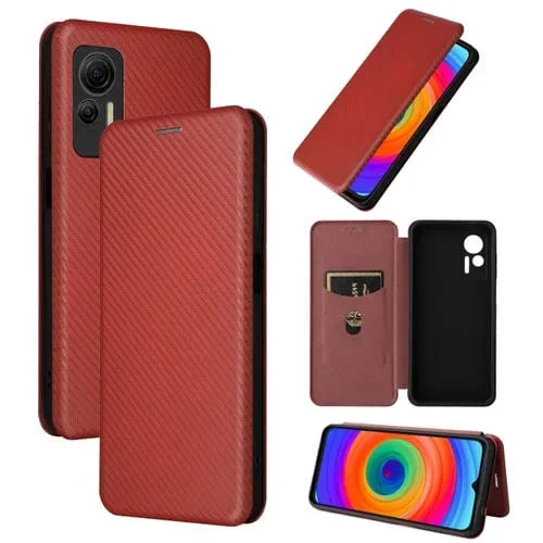 Funda para Ulefone Note 14 de Cuero con Textura de Fibra de Carbono (Marrón)