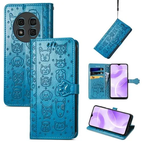 Funda para Ulefone Note 15 Cuero con Relieve de Perro y Gato (Azul)