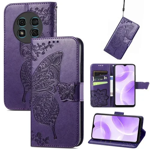 Funda para Ulefone Note 15 de Cuero con Relieve Flor de Amor y Mariposa (Púrpura)