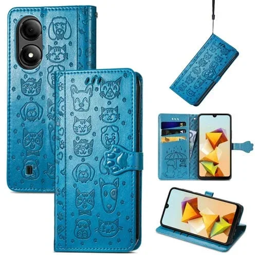 Funda para ZTE Blade A33S de Cuero con Relieve de Perro y Gato (Azul)
