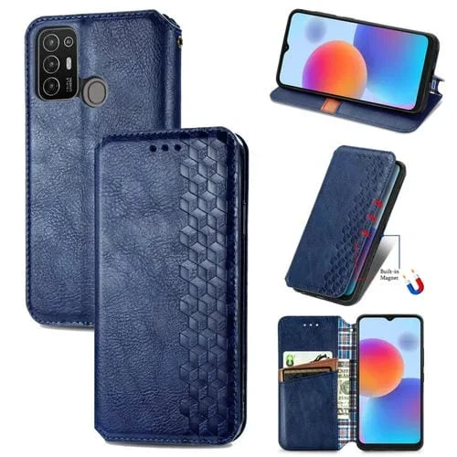 Funda para ZTE Blade A52 Cuero Magnético Prensado Rejilla Cúbica (Azul)