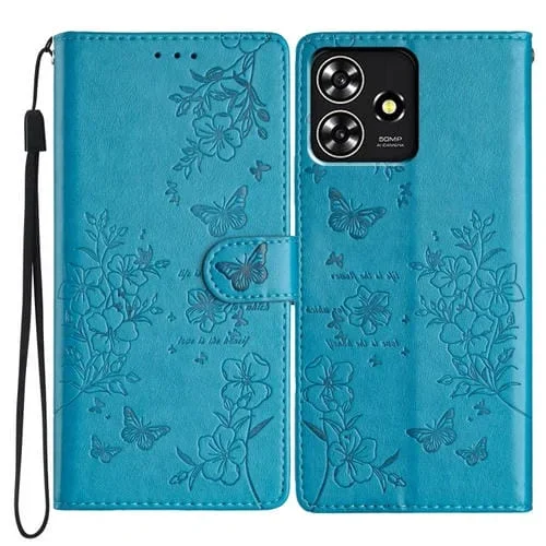 Funda para ZTE Blade A73 4G de Cuero con Relieve de Flor y Mariposa (Azul)