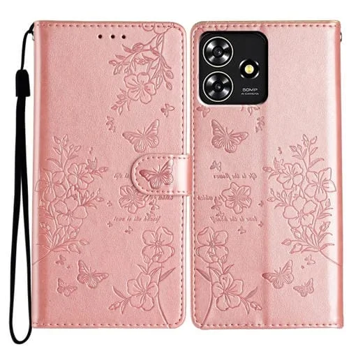 Funda para ZTE Blade A73 4G de Cuero con Relieve de Flor y Mariposa (Oro Rosa)