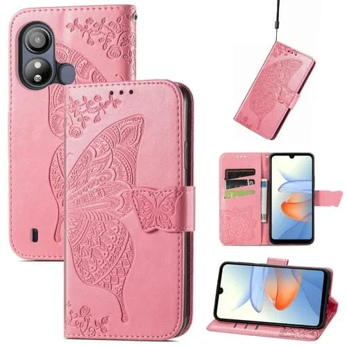 Funda para ZTE Blade L220 Cuero con Relieve de Flor de Amor y Mariposa (Rosa)