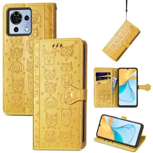 Funda para ZTE Blade V50 Vita de Cuero con Relieve de Gato y Perro (Amarillo)