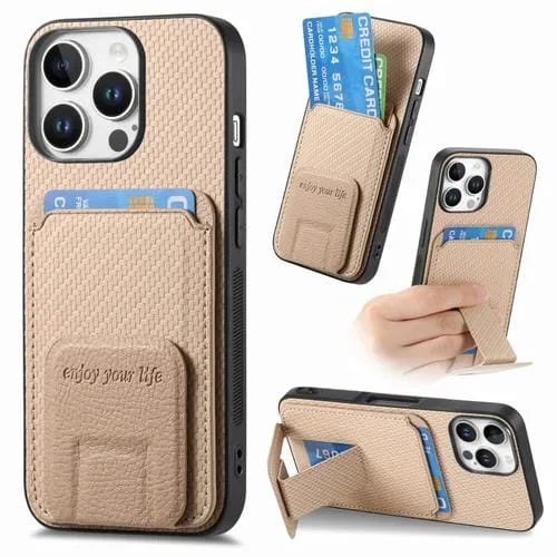 Funda plegable con soporte para tarjetas de fibra de carbono para iPhone 16 Pro (Caqui)