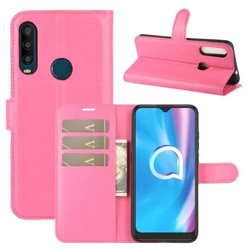 Funda Protectora Alcatel 1Se 2020 con Tapa Horizontal, Soporte, Ranuras para Tarjetas y Billetera (Rosa Roja)