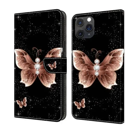 Funda Protectora de Cuero iPhone 11 Pro Max Crystal 3D a Prueba de Golpes (Mariposa de Diamante Rosa)