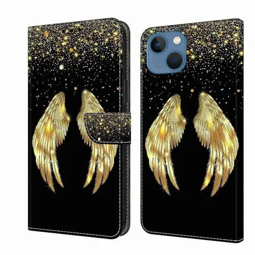 Funda Protectora de Cuero para iPhone 13/14 Crystal 3D a Prueba de Golpes (Alas Doradas)