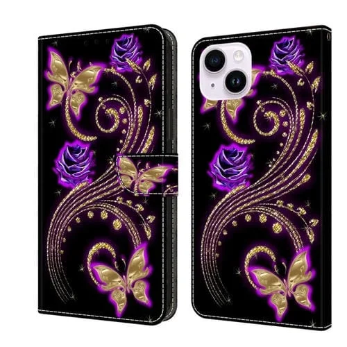 Funda Protectora de Cuero para iPhone 15 Plus Crystal 3D a Prueba de Golpes (Mariposa de Flor Púrpura)