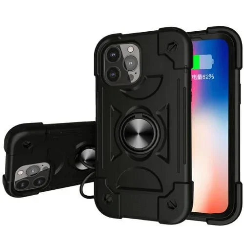 Funda Protectora de Silicona + PC con Soporte Doble Anillo para iPhone 13 Mini (Negro)