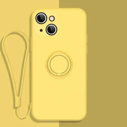 Funda Protectora de Teléfono Silicona Líquida iPhone 13 Mini Soporte Anillo y Cordón (Amarillo Limón)