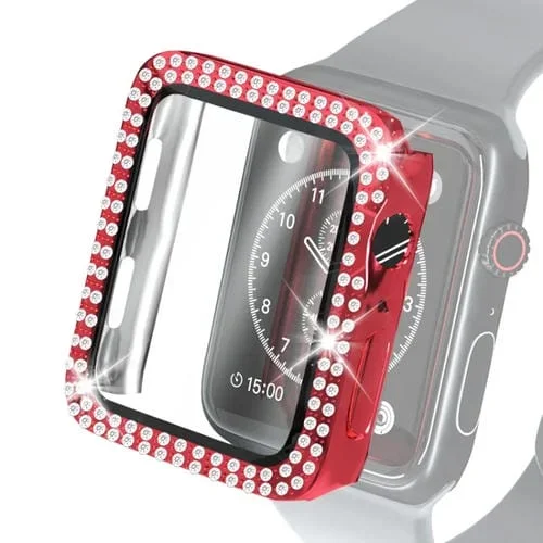 Funda Protectora Diamante Doble Fila Galvanoplastina con Cristal Templado para Apple Watch Series 6 SE 5 4 40mm (Rojo)