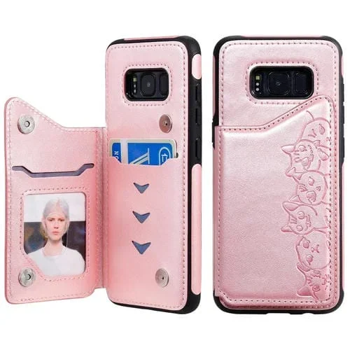 Funda Protectora Galaxy S8 Six Cats con Patrón En Relieve Soporte Ranuras Tarjetas y Marco de Fotos (Oro Rosa)