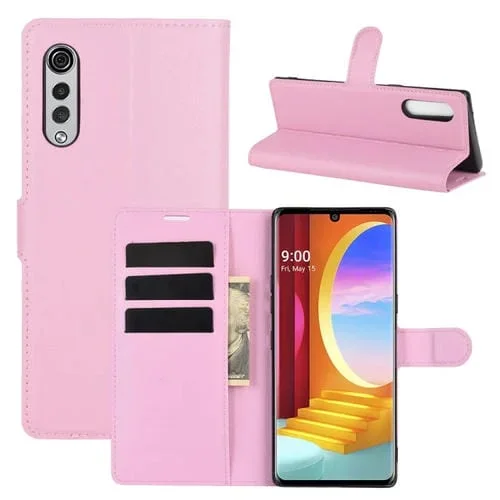 Funda Protectora LG Velvet Litchi Texture con Tapa Horizontal, Soporte, Ranuras y Billetera (Rosa)