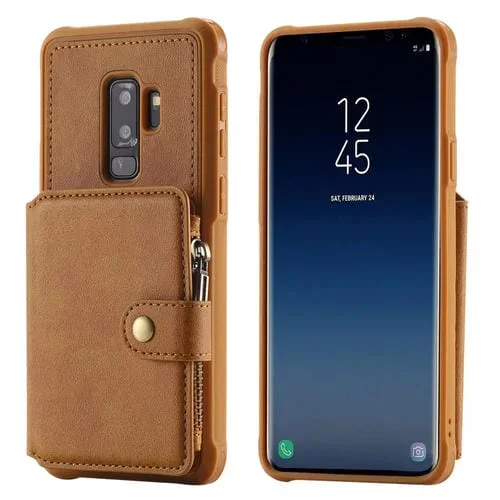 Funda Protectora para Galaxy S9 Plus con Cremallera Ranuras Tarjetas Soporte Fotos Función Billetera (Marrón)