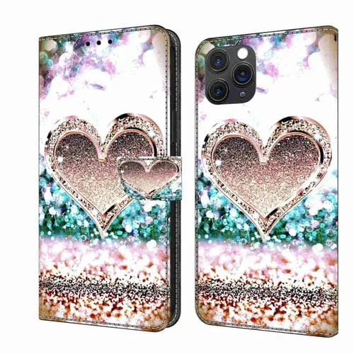 Funda Protectora para iPhone 11 Pro Max Crystal 3D Cuero a Prueba de Golpes (Corazón de Diamante Rosa)