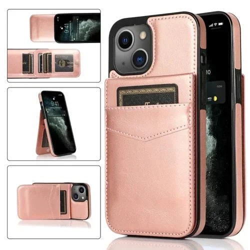 Funda Protectora para iPhone 13 Mini PC + TPU con Soporte y Ranuras para Tarjetas (Oro Rosa)