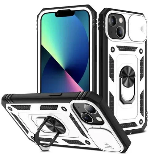 Funda Protectora para iPhone 13 Mini TPU + PC con Cubierta de Cámara Deslizante Soporte Giratorio 360 y Ranura para Tarjeta (Blanco + Negro)