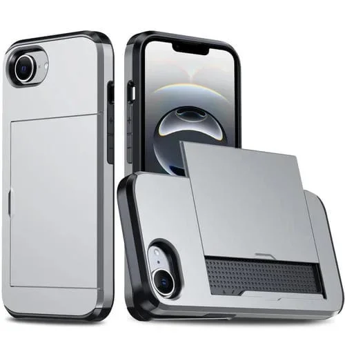 Funda Protectora para iPhone 16E con Ranura para Tarjetas a Prueba de Golpes (Plateada)
