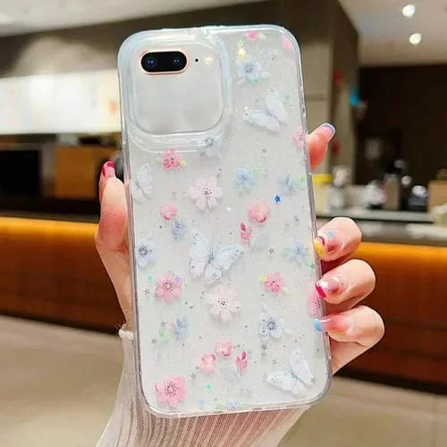 Funda Protectora para iPhone 7 Plus/8 Plus con Diseño Floral Pequeño y Fresco (D06 Love Of Butterfly)
