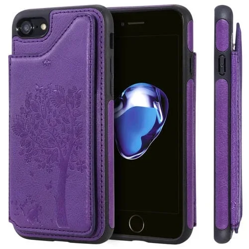 Funda Protectora para iPhone SE 2020 8 7 con Patrón Relieve Árbol de Gato Ranuras Tarjetas Marco Fotos Soporte (Púrpura)