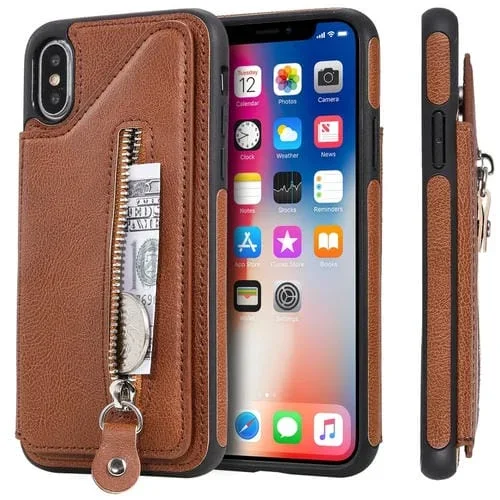 Funda Protectora para iPhone X Doble Hebilla Cremallera a Prueba de Golpes (Marrón)