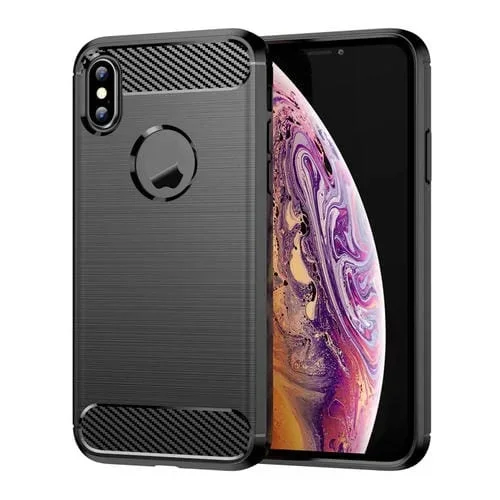 Funda protectora para iPhone X Xs Fibra de Carbono TPU Textura Cepillada a Prueba de Golpes (Negro)