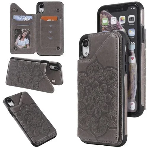 Funda Protectora para iPhone Xr con Soporte Ranuras Tarjetas y Marco de Fotos (Gris)