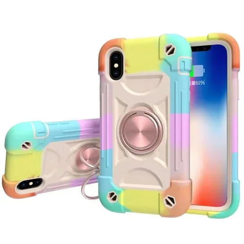 Funda Protectora para iPhone Xr de Silicona a Prueba de Golpes + PC con Soporte de Doble Anillo (Oro Rosa)