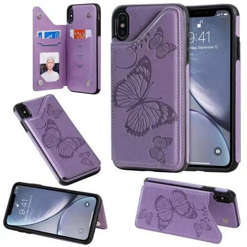 Funda Protectora para iPhone Xs Max con Soporte, Ranuras para Tarjetas y Marco de Fotos (Púrpura)
