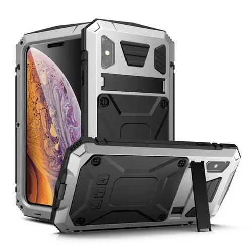 Funda Protectora para iPhone Xs Max Metal + Silicona con Soporte a Prueba de Golpes Agua Polvo (Plata)