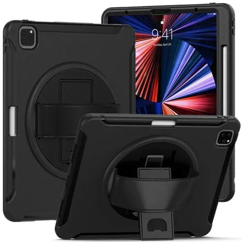 Funda Protectora para Tableta iPad Pro 12.9 2022 / 2021 Rotación 360 Grados PC + TPU Soporte Correa (Negro)