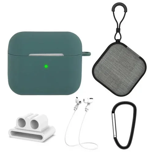 Funda Protectora Silicona 5 en 1 Auriculares AirPods 3 Bolsa Hebilla Gancho Cuerda (Verde)