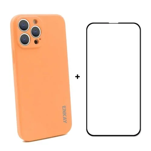 Funda Protectora Silicona Líquida + Vidrio Templado Hat-Prince Enkay para iPhone 13 Pro (Naranja)