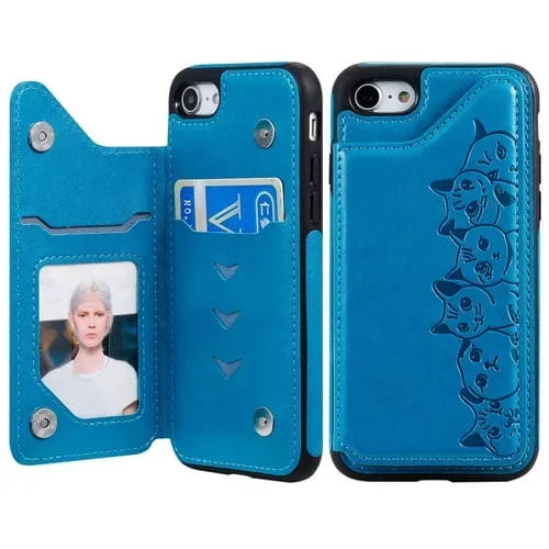 Funda Protectora Six Cats para iPhone 7/8 con Patrón En Relieve, Soporte, Ranuras para Tarjetas y Marco de Fotos (Azul)