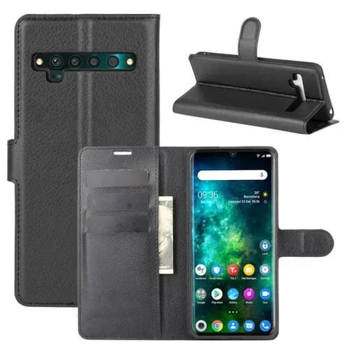 Funda Protectora TCL 10 Pro con Tapa Horizontal, Textura Litchi, Soporte, Ranuras para Tarjetas y Billetera (Negro)