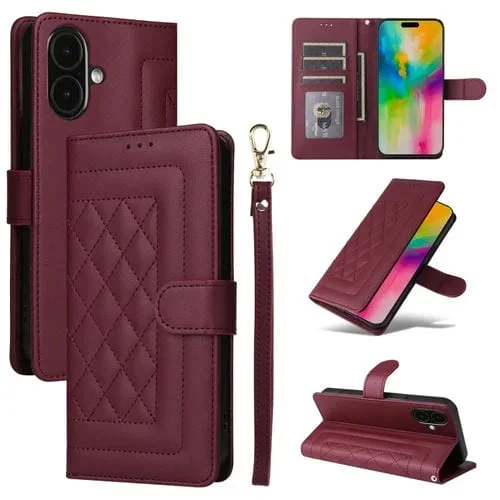 Funda tipo libro Cuero Entramado Diamantes iPhone 16 Plus (Rojo Vino)