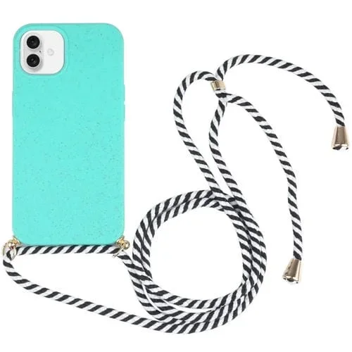 Funda TPU a Prueba de Golpes con Paja de Trigo para iPhone 16 con Cordón para el Cuello (Verde)