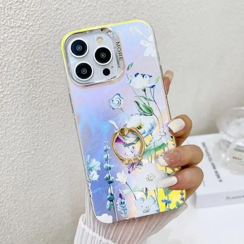 Funda TPU con Soporte Anillo Flores Láser Galvanizado iPhone 15 Pro Max (Azul)