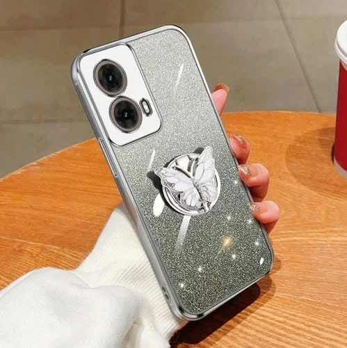 Funda TPU con Soporte Mariposa Purpurina Degradada para Motorola Moto G85 (Plateada)